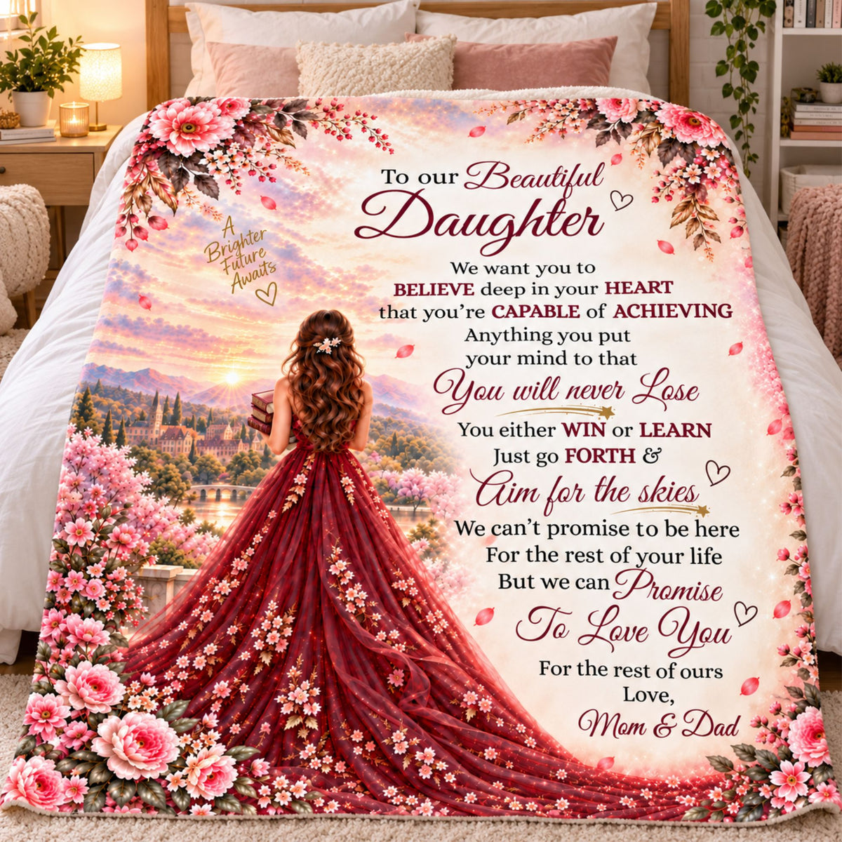 Daughter blanket from Mom and Dad on a bed, burgundy gown and pink floral artwork with A Brighter Future Awaits in gold