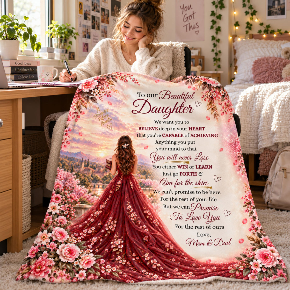 College student writing at her dorm desk with the To Our Beautiful Daughter graduation blanket draped over her chair
