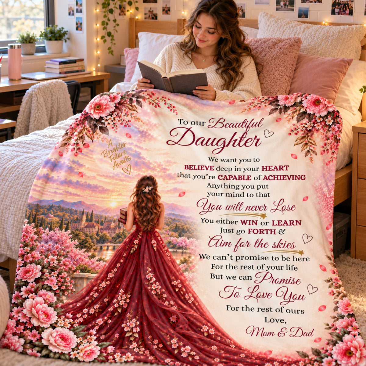 Young woman reading in her dorm bed wrapped in the To Our Beautiful Daughter plush fleece blanket from Mom and Dad
