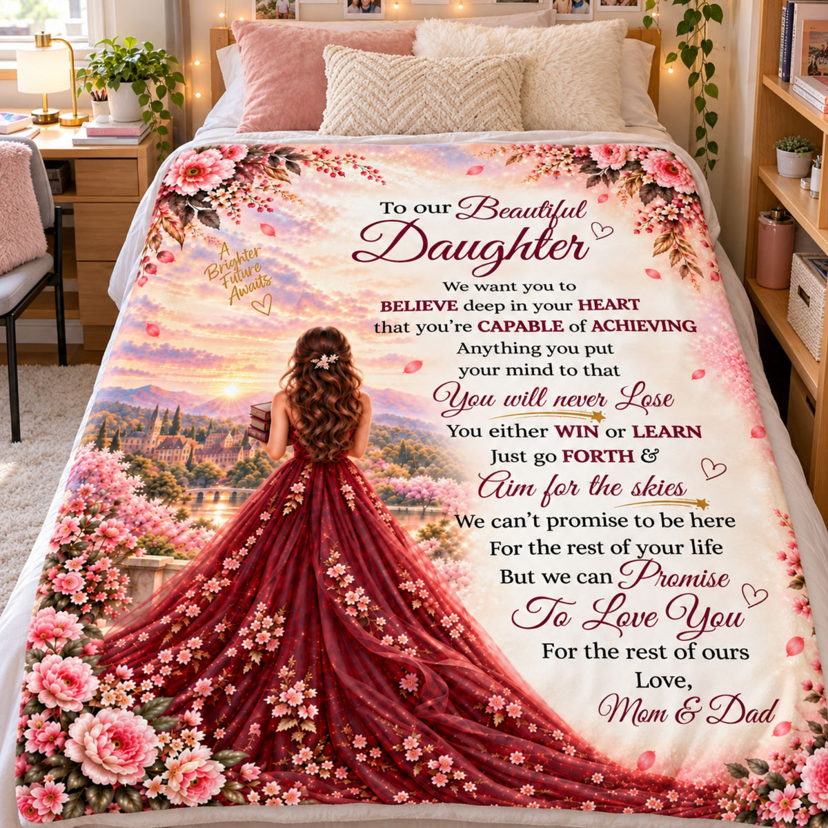 To Our Beautiful Daughter blanket laid across a cozy dorm room bed, pink floral design with girl in burgundy gown