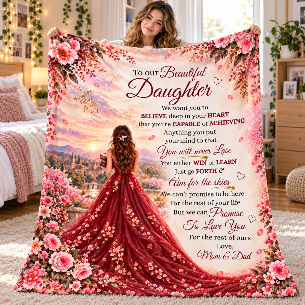 Young woman holding up a To Our Beautiful Daughter blanket from Mom and Dad with a burgundy ball gown design and Aim for the Skies message