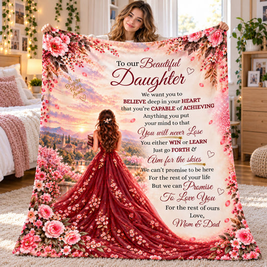 Young woman holding up a To Our Beautiful Daughter blanket from Mom and Dad with a burgundy ball gown design and Aim for the Skies message