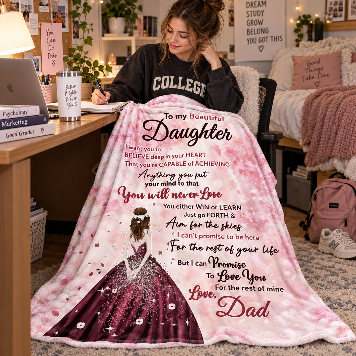 To My Beautiful Daughter from Dad Blanket – I Want You to Believe – Pink Ball Gown Plush Fleece Blanket