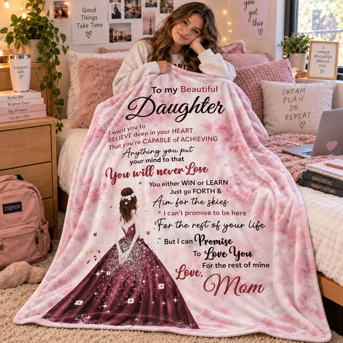 To My Beautiful Daughter from Mom Blanket – Win or Learn, Never Lose – Pink Plush Fleece Blanket