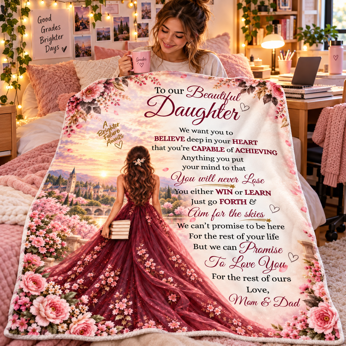 To Our Beautiful Daughter Blanket from Mom & Dad – Aim For The Skies – College & Graduation Gift Plush Fleece
