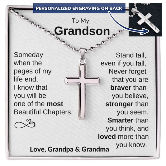 Personalized Engraving Cross Necklace to Grandson from Grandpa and Grandma.