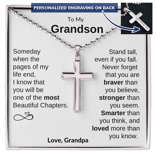To My Grandson - Personalized  Cross Necklace from Grandpa. Personalized Engraving on Back.