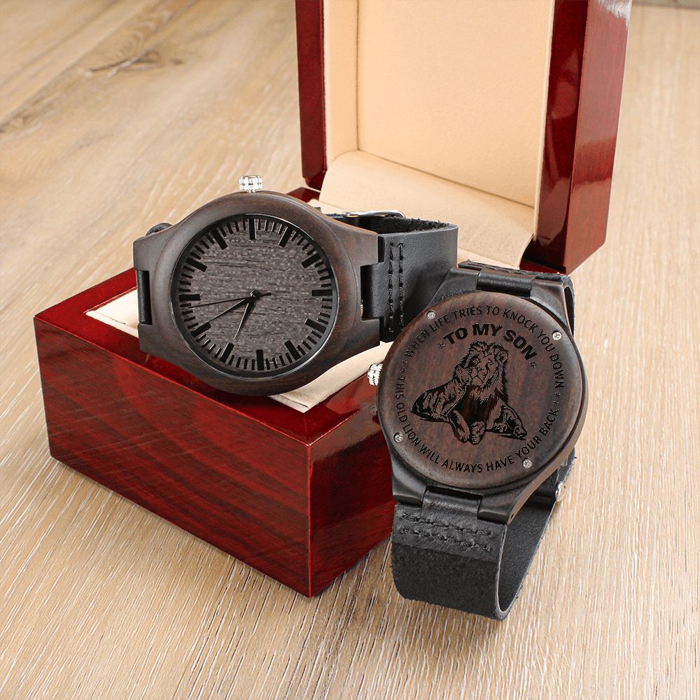 To My Son | This Old Lion Will Always Have Your Back | Engraved Wooden Watch