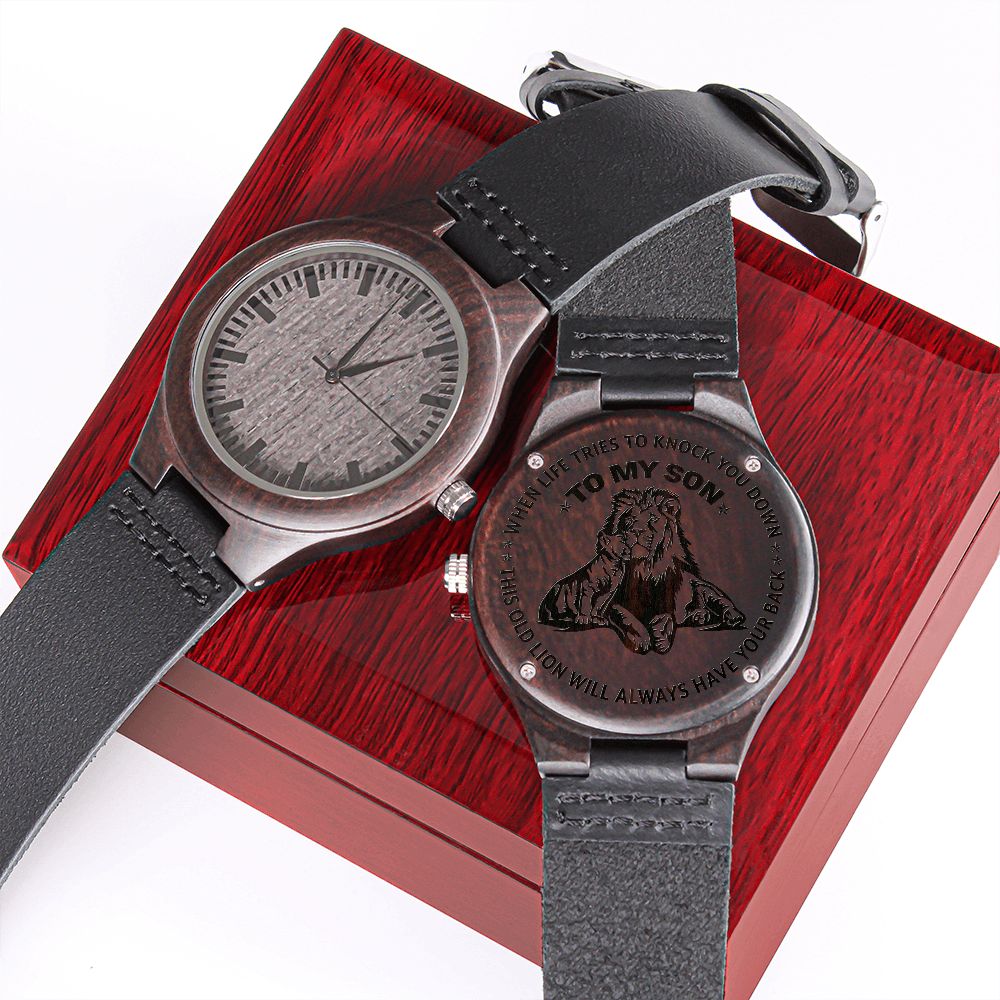To My Son | This Old Lion Will Always Have Your Back | Engraved Wooden Watch