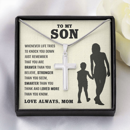 To My Son Love Mom | You Are Braver Than You Believe | Stainless Steel Cross Necklace